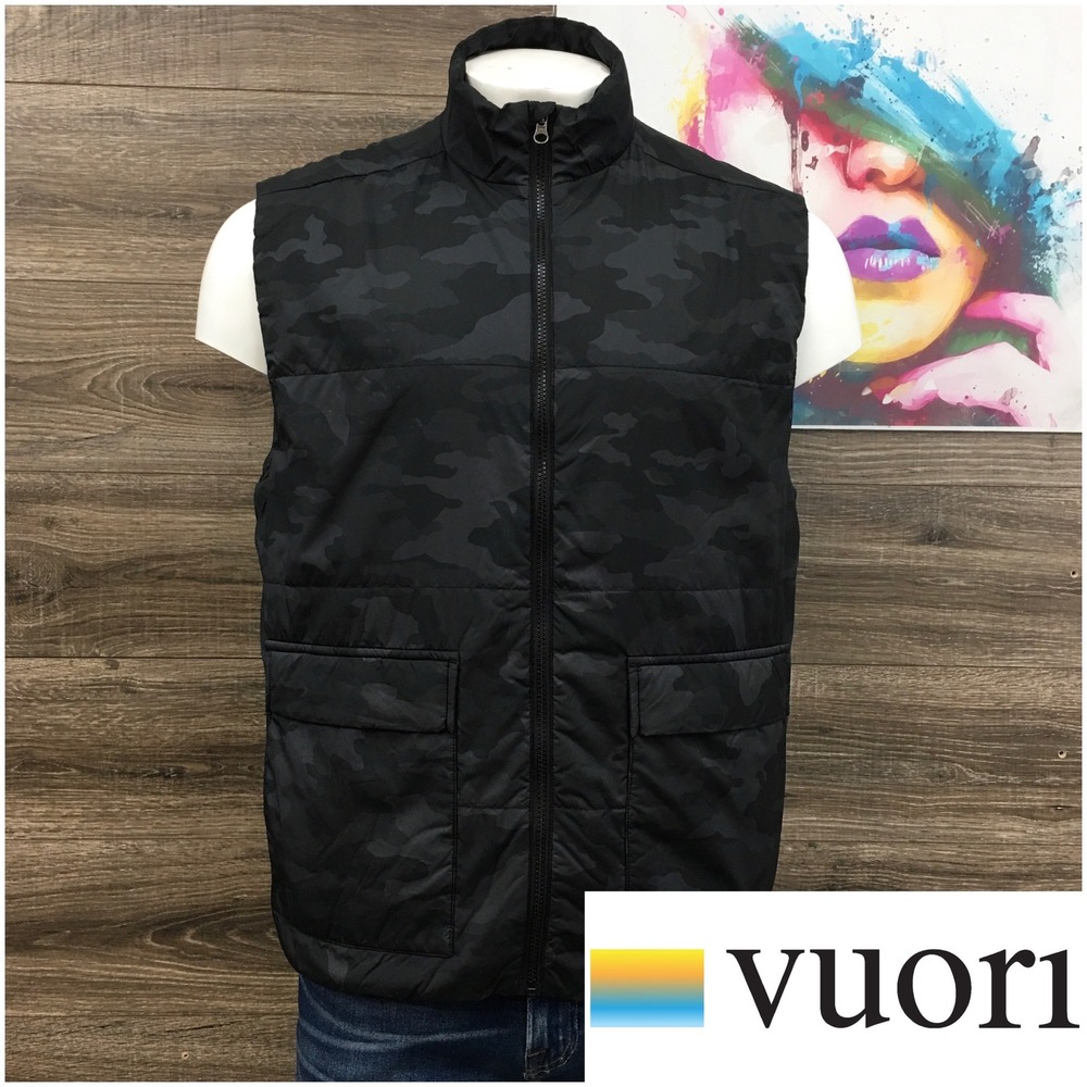 Vuori Mens Primaloft Camo Puffer Vest Black Camouflage Full Zip Pockets XL